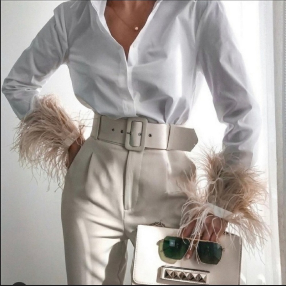 NWT Zara High Waisted Belted Cream Pants